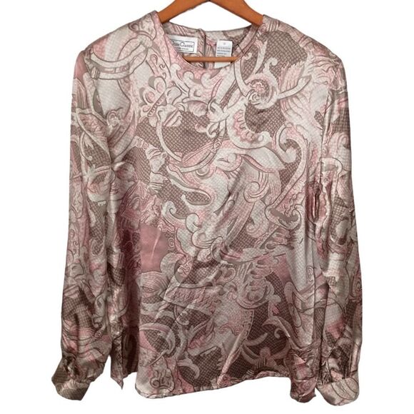 Silky Paisley Blouse Sz 10 M High Neck Satin Career Regency Baroque Rococo Vtg. - Picture 1 of 15